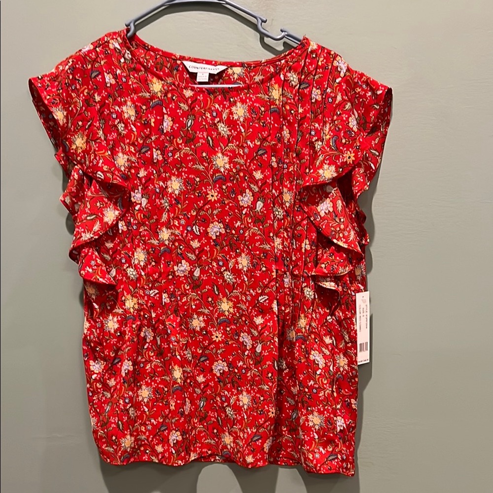 Floral Red Ruffle Sleeve Top